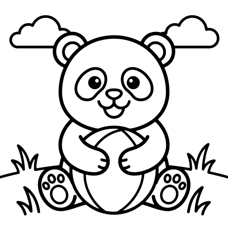 Na obrazku znajduje się uśmiechnięta mała panda, która siedzi na trawie i trzyma w łapkach dużą piłkę pod chmurkami.