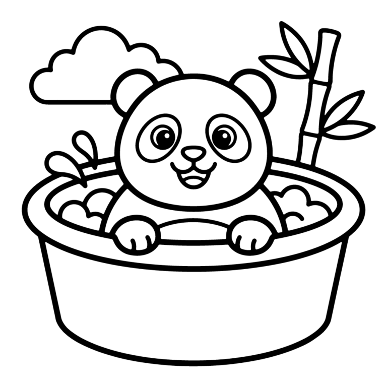 Na obrazku znajduje się uśmiechnięta mała panda siedząca w balii pełnej wody i bąbelków.