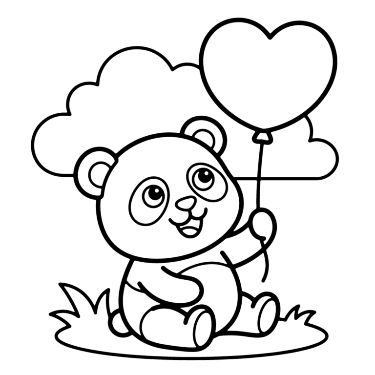 Na obrazku znajduje się uśmiechnięta mała panda siedząca na kępce trawy i trzymająca w łapce duży balon w kształcie serca, na tle puszystej chmurki.