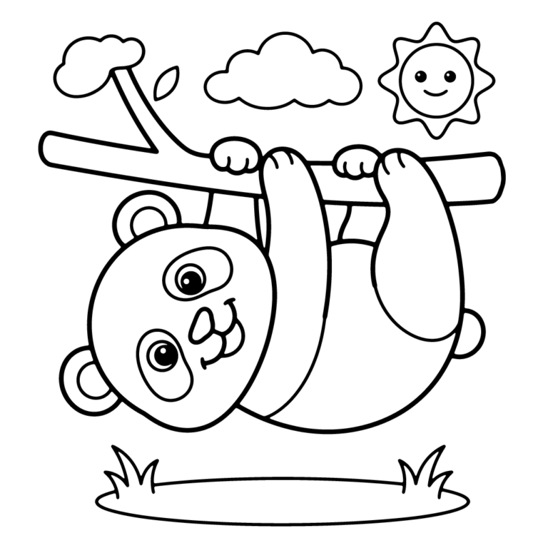 Na obrazku znajduje się uśmiechnięta panda wisząca do góry nogami na grubym bambusie w słoneczny dzień.