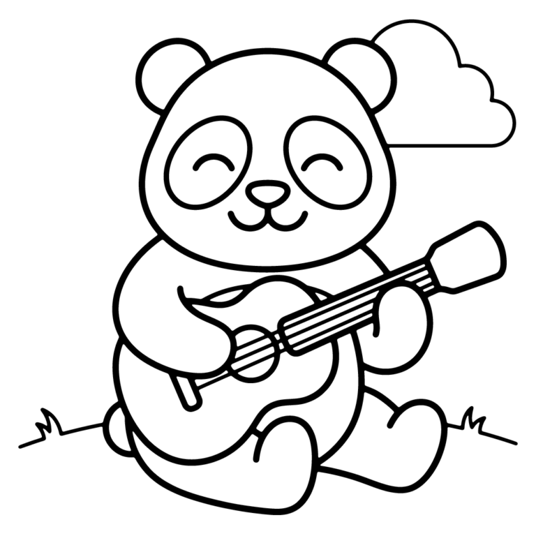 Na obrazku znajduje się uśmiechnięta panda siedząca na trawie pod chmurką i grająca na małej gitarze.