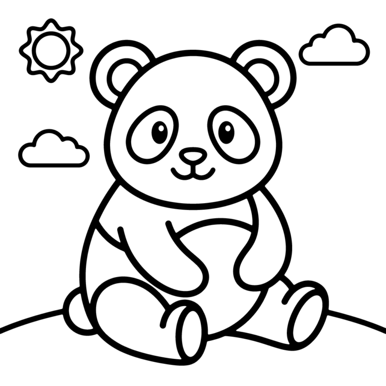 Na obrazku znajduje się uśmiechnięta mała panda siedząca na pagórku w otoczeniu słońca i dwóch chmurek.