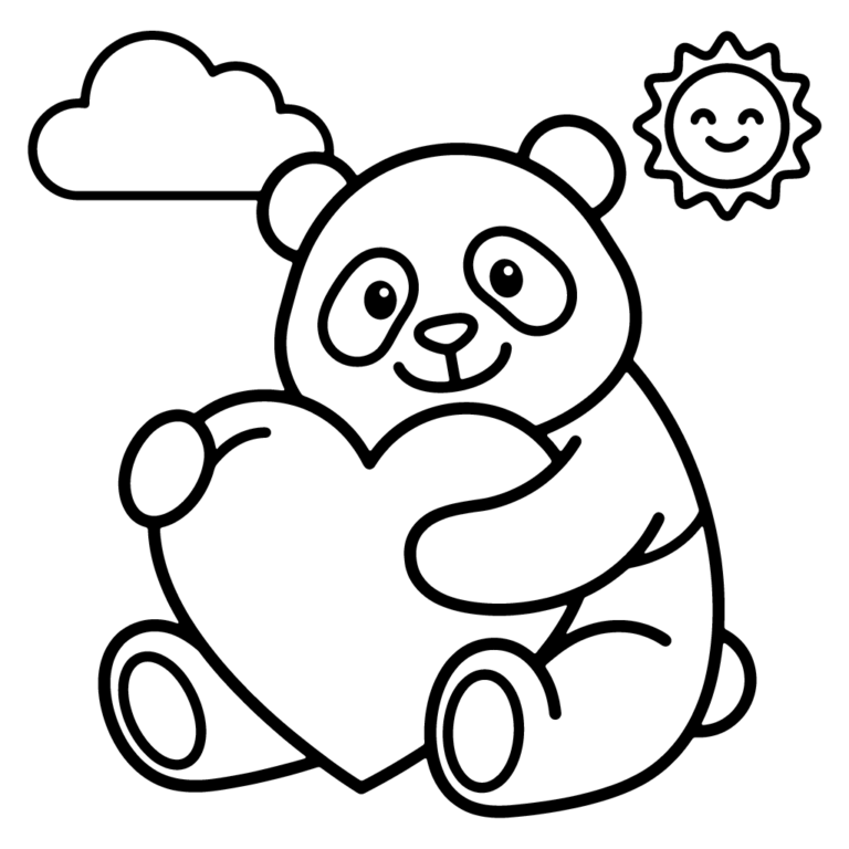 Na obrazku znajduje się uśmiechnięta panda siedząca pod chmurką i słońcem, która przytula duże serce.