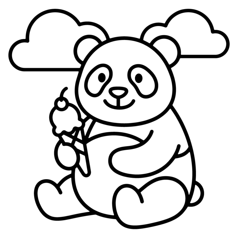 Na obrazku znajduje się uśmiechnięta mała panda siedząca pod dwiema chmurkami i trzymająca w łapce pyszny rożek z lodami.