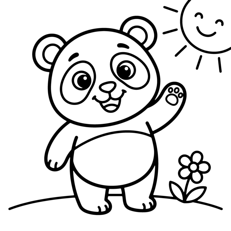 Na obrazku znajduje się uśmiechnięta mała panda machająca łapką na tle uśmiechniętego słoneczka i kwiatuszka.