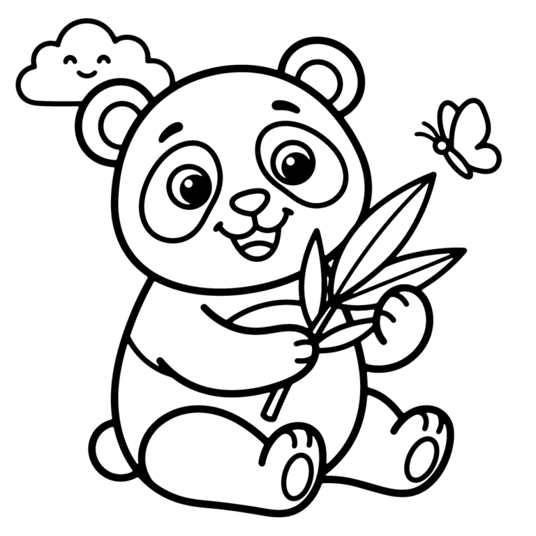 Na obrazku znajduje się uśmiechnięta, siedząca mała panda, która trzyma gałązkę bambusa, a obok niej lata motylek pod wesołą chmurką.