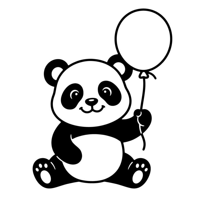 Na obrazku znajduje się urocza, siedząca mała panda, która trzyma w łapce duży balonik.