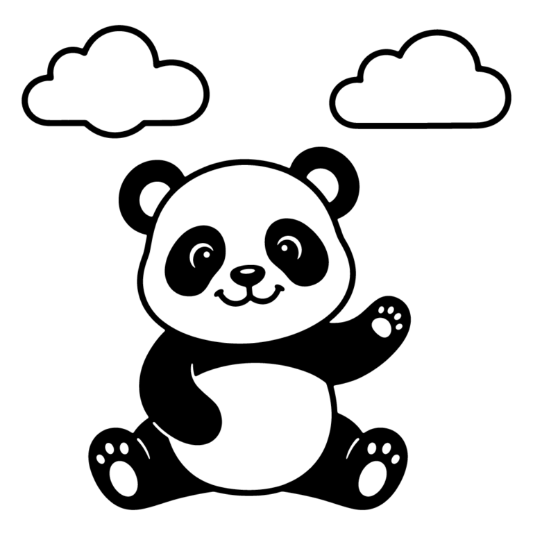 Na obrazku znajduje się uśmiechnięta mała panda siedząca na ziemi i machająca przyjaźnie łapką pod dwiema puszystymi chmurkami.