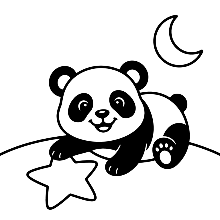 Na obrazku znajduje się urocza, mała panda leżąca na boku, która patrzy na spadającą gwiazdkę pod półksiężycem.