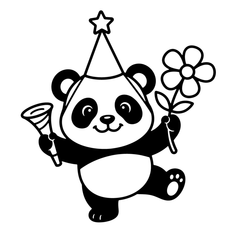 Na obrazku znajduje się uśmiechnięta mała panda w imprezowej czapeczce, która trzyma trąbkę w jednej łapce i kwiatek w drugiej.