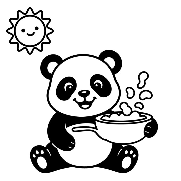 Na obrazku znajduje się siedząca, uśmiechnięta mała panda, która trzyma miseczkę z parującym jedzeniem pod wesołym słoneczkiem.