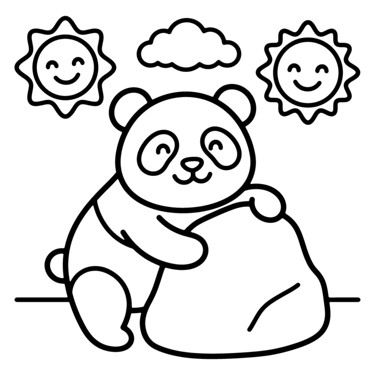 Na obrazku znajduje się uśmiechnięta mała panda przytulająca duży, gładki kamień pod chmurką i wesołymi słoneczkami.