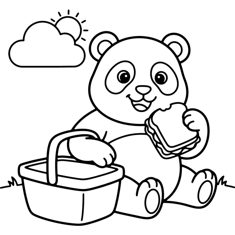 Na obrazku znajduje się uśmiechnięta panda siedząca na trawie z piknikowym koszykiem, która trzyma w łapce dużą kanapkę pod chmurką ze słońcem.