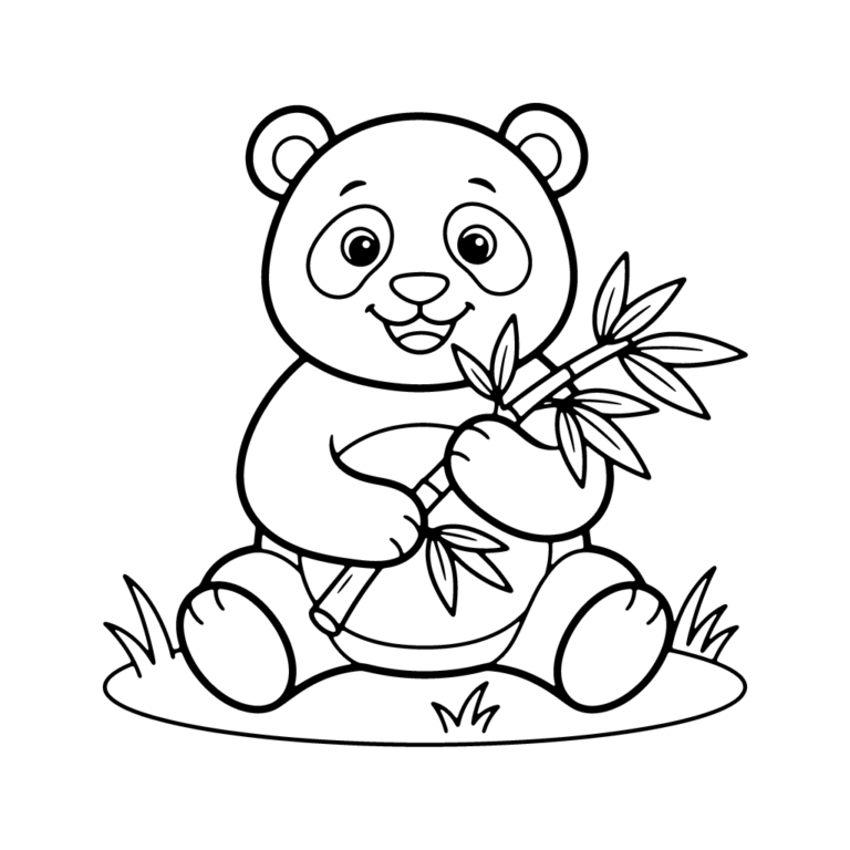 Na obrazku znajduje się uśmiechnięta panda siedząca na ziemi i trzymająca w łapkach smaczny listek bambusa.
