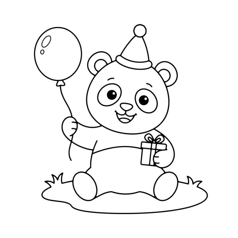 Na obrazku znajduje się siedząca na trawie uśmiechnięta panda w czapce urodzinowej, która trzyma w łapce balonik oraz mały prezent.