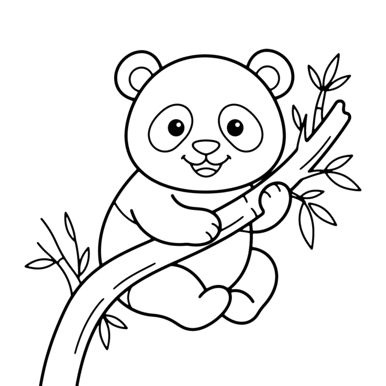 Na obrazku znajduje się uśmiechnięty miś panda, który siedzi wygodnie na grubej łodydze bambusa i trzyma się jej łapkami.