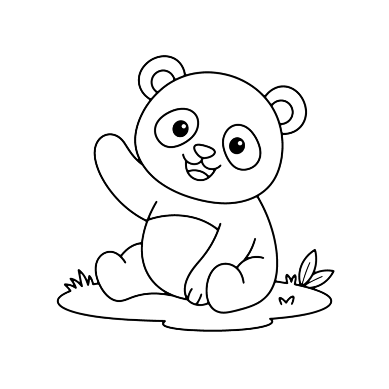 Na obrazku znajduje się siedząca na trawie uśmiechnięta mała panda, która wesoło macha jedną przednią łapką.