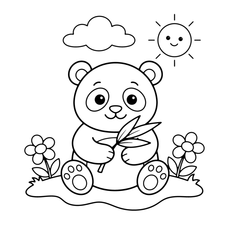 Na obrazku znajduje się siedząca na trawie uśmiechnięta panda, która trzyma w łapkach gałązkę bambusa, a wokół niej rosną kwiatki, świeci słoneczko i unosi się chmurka.