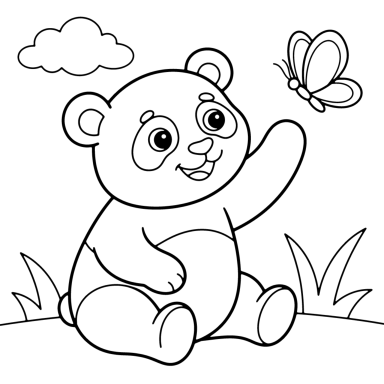 Na obrazku znajduje się uśmiechnięta panda siedząca na trawie, która macha łapką do lecącego obok motylka pod czujnym okiem chmurki.