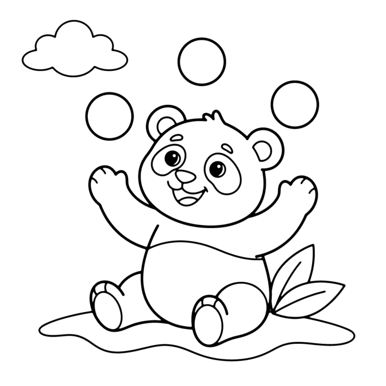 Na obrazku znajduje się siedząca na trawie uśmiechnięta panda, która żongluje trzema dużymi piłkami w powietrzu, a obok niej rosną dwa liście i unosi się chmurka.