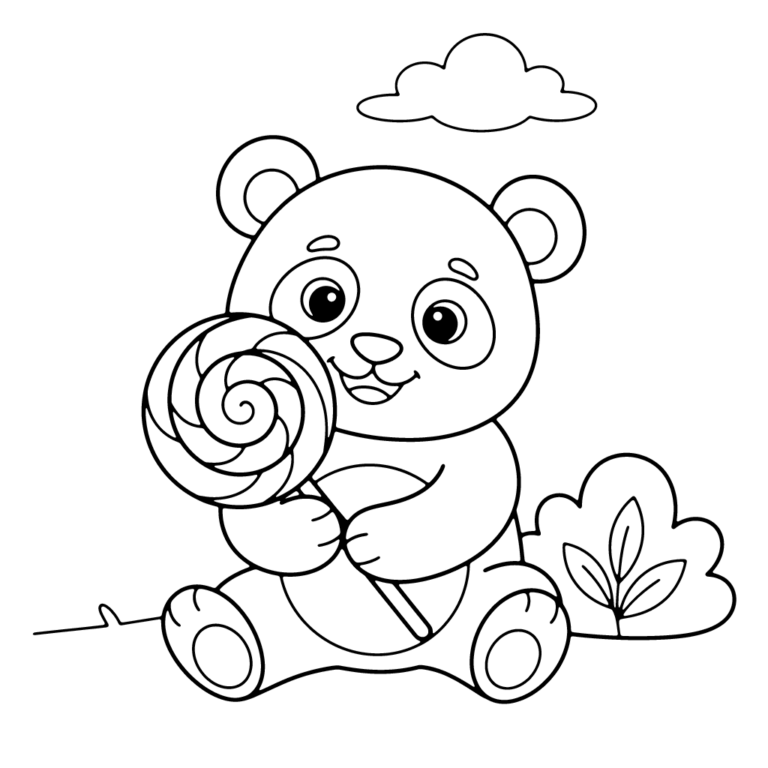 Na obrazku znajduje się siedząca, uśmiechnięta panda, która trzyma w łapkach dużego, spiralnego lizaka, a obok niej rośnie krzaczek i unosi się chmurka.