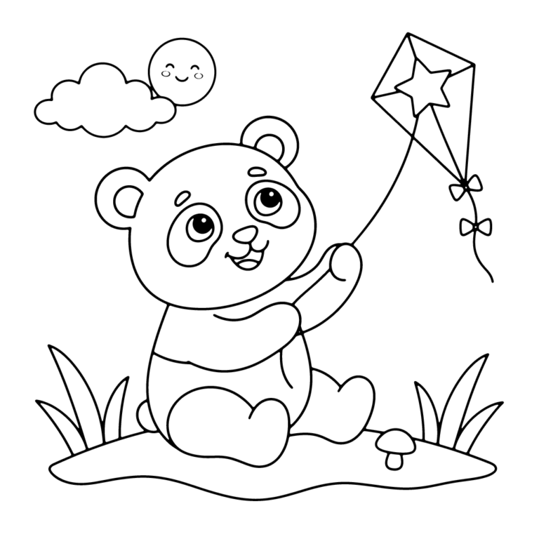 Na obrazku znajduje się siedząca panda, która uśmiecha się, patrząc w górę i trzymając sznurek od latawca, a obok niej rośnie trawa, mały grzybek, a na niebie widać słońce i chmurkę.