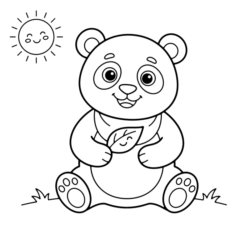 Na obrazku znajduje się siedząca na trawie uśmiechnięta mała panda, która trzyma w łapkach zielony listek, a nad nią świeci radosne słoneczko.