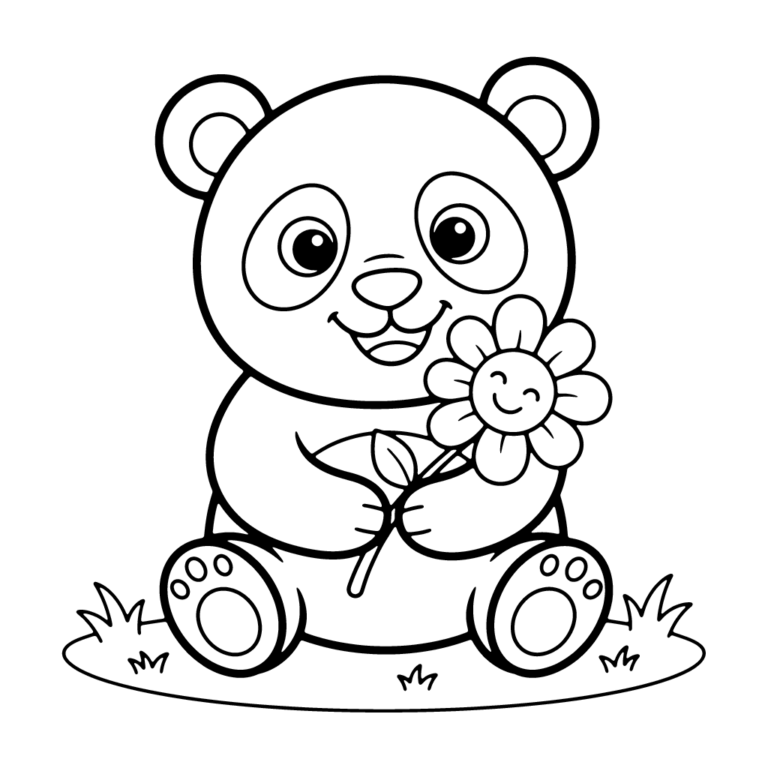 Na obrazku znajduje się duża, uśmiechnięta panda siedząca na trawie i trzymająca w łapkach uśmiechnięty kwiatek.