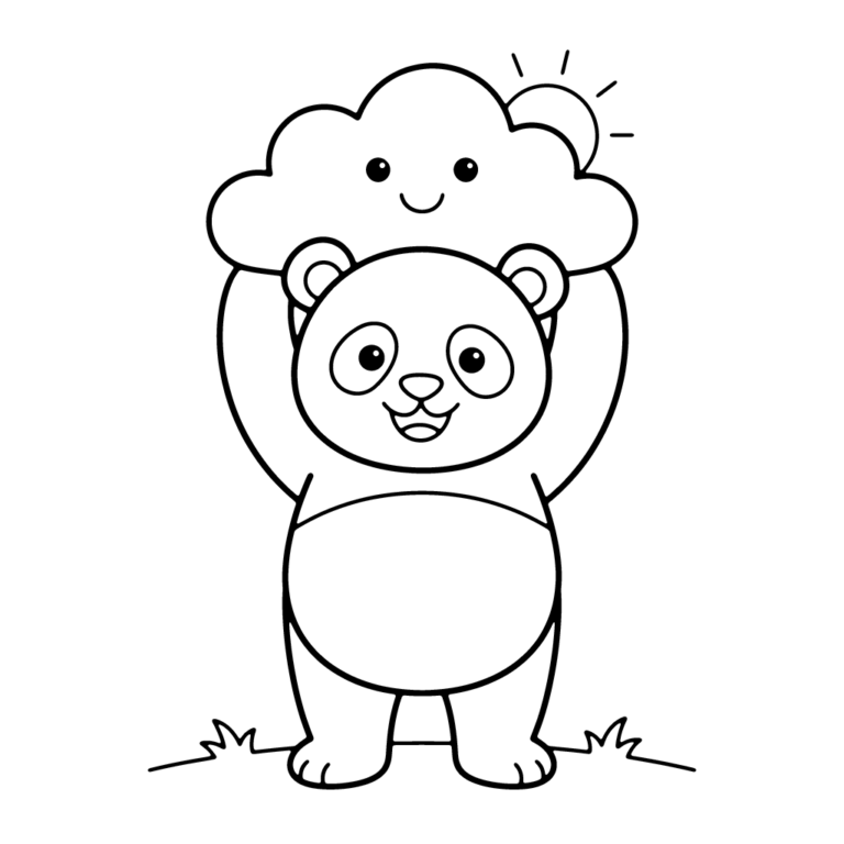 Na obrazku znajduje się duży, uśmiechnięty miś panda, który stoi na trawie i trzyma nad głową dużą, uśmiechniętą chmurkę.