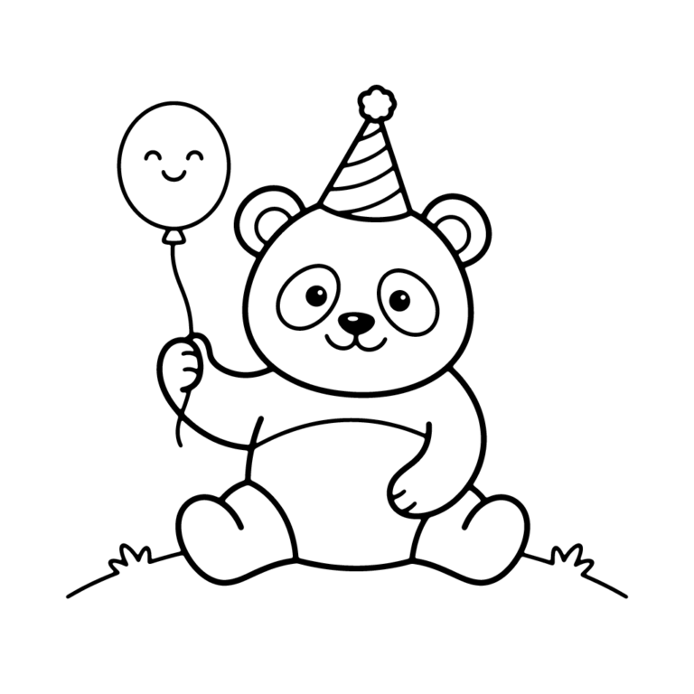 Na obrazku znajduje się siedzący na trawie uśmiechnięty miś panda, ubrany w czapeczkę urodzinową i trzymający w łapce nadmuchany balonik.