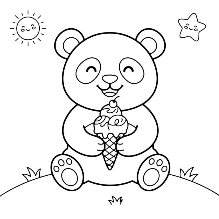 Na obrazku znajduje się duży, uśmiechnięty miś panda siedzący na trawie i trzymający w łapkach apetyczny wafelek z lodami, w towarzystwie radosnego słoneczka i gwiazdki.