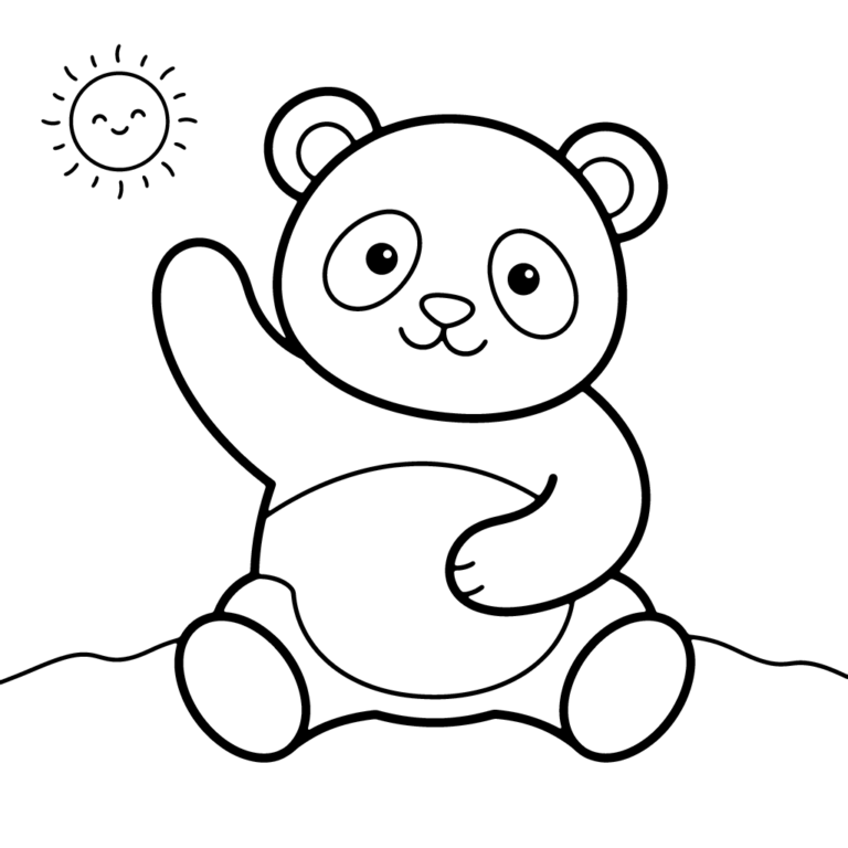 Na obrazku znajduje się siedząca na trawie uśmiechnięta panda, która macha łapką do uśmiechniętego słoneczka.
