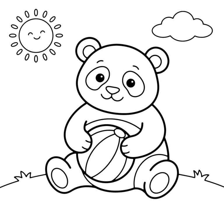 Na obrazku znajduje się siedząca na trawie uśmiechnięta panda, która trzyma w łapkach dużą piłkę plażową.