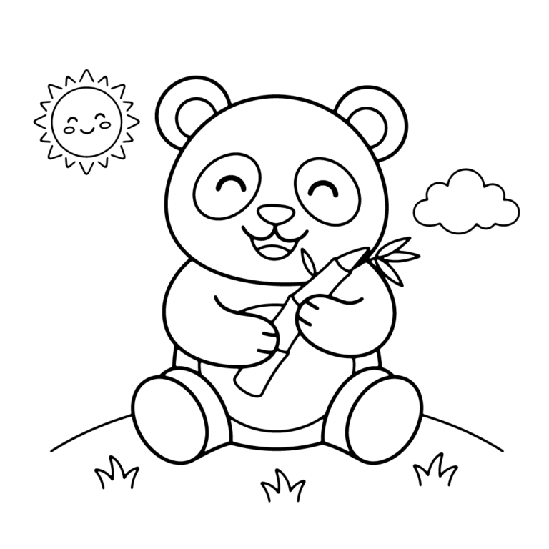 Na obrazku znajduje się radosna panda siedząca na trawie i trzymająca w łapkach smaczny pęd bambusa w otoczeniu uśmiechniętego słońca i chmurki.