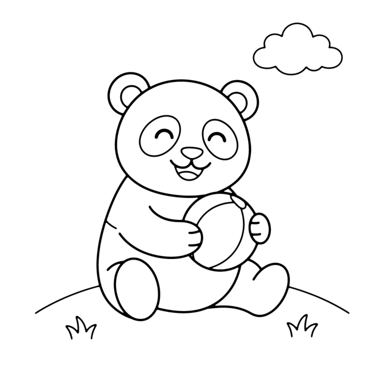 Na obrazku znajduje się uśmiechnięta panda siedząca na trawie, która trzyma w łapkach dużą, okrągłą piłkę.