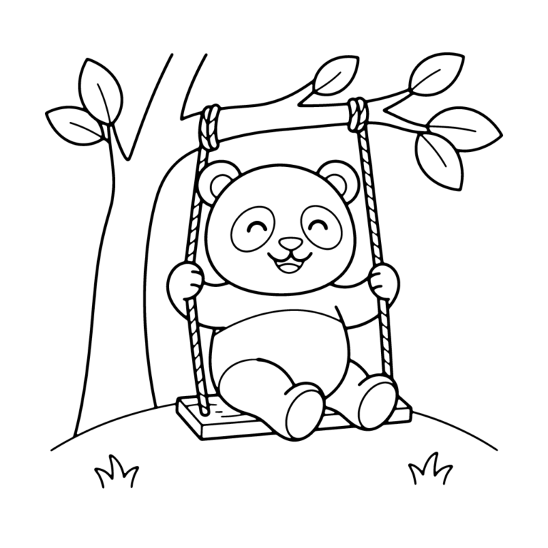 Na obrazku znajduje się uśmiechnięta panda siedząca na drewnianej huśtawce zawieszonej na gałęzi drzewa.