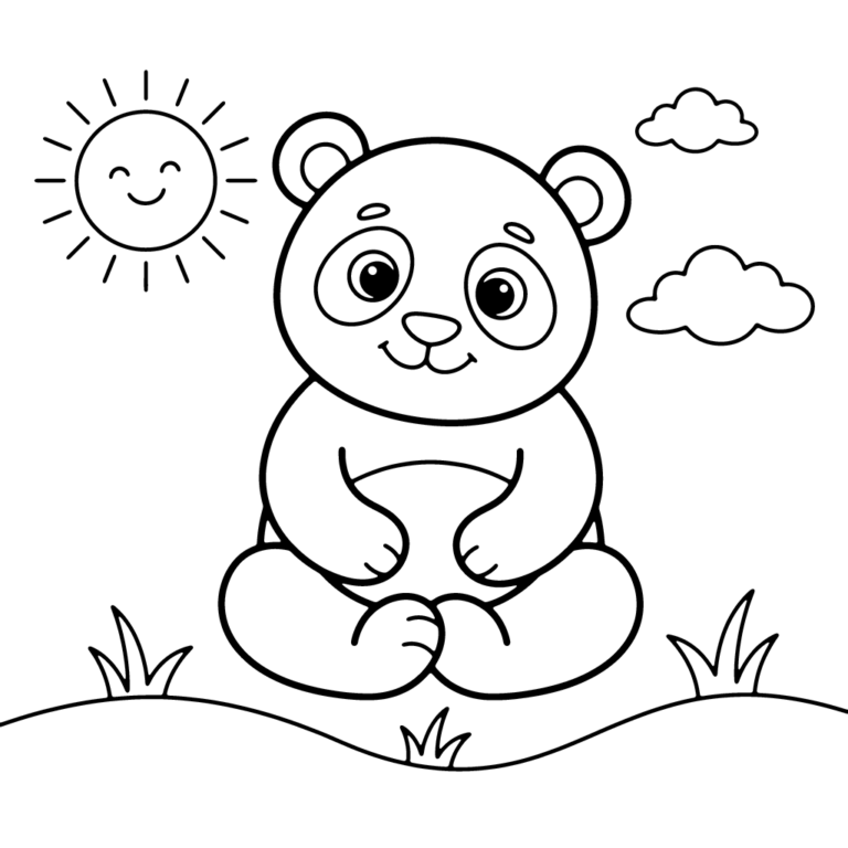 Na obrazku znajduje się uśmiechnięta panda siedząca na trawie w otoczeniu chmur i radosnego słoneczka.