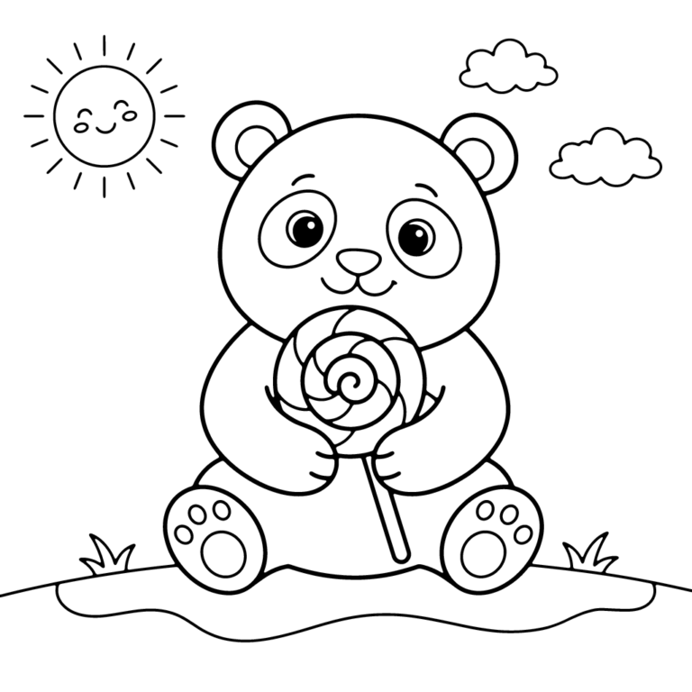 Na obrazku znajduje się siedząca na trawie panda, która radośnie trzyma w łapkach wielkiego, spiralnego lizaka.