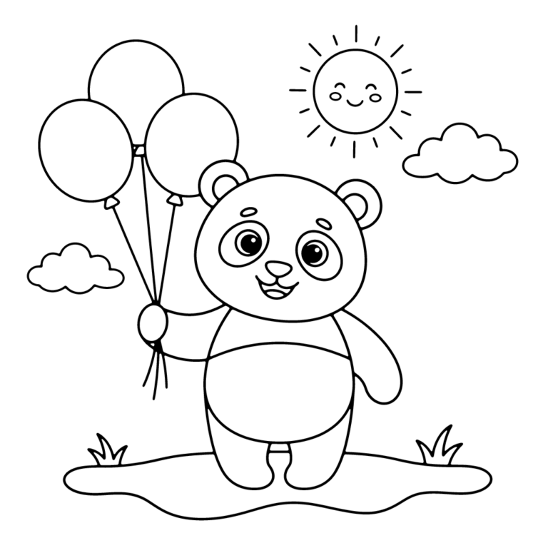 Na obrazku znajduje się uśmiechnięty miś panda stojący na trawie i trzymający w łapce pęk trzech okrągłych balonów.
