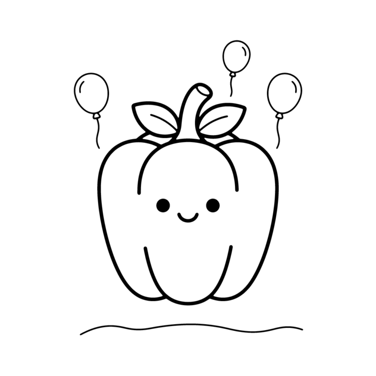 Na obrazku znajduje się duża, uśmiechnięta papryka z dwoma listkami na ogonku, wokół której unoszą się trzy okrągłe balony na nitkach.