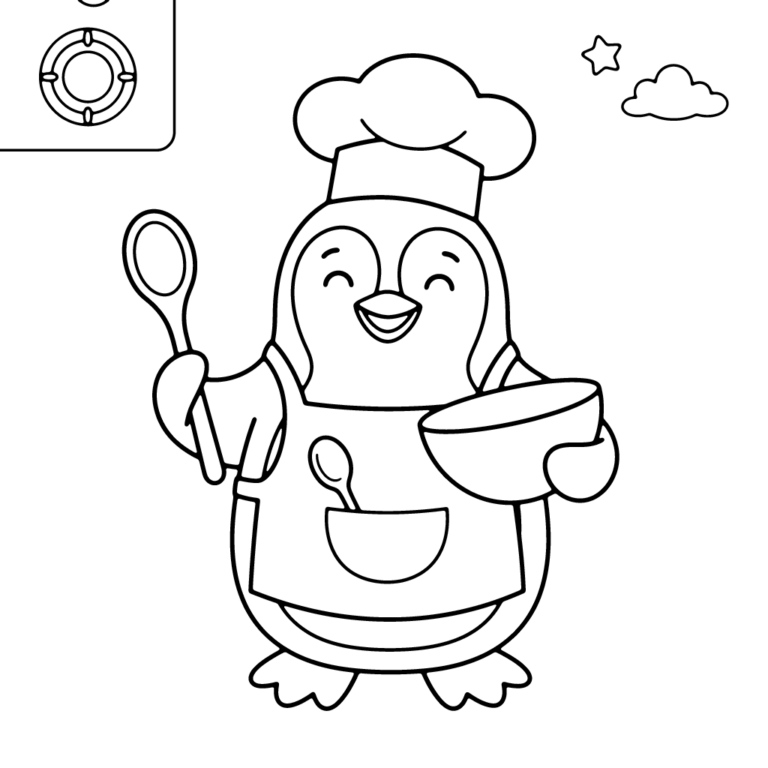 Na obrazku znajduje się uśmiechnięty pingwinek w czapce kucharskiej i fartuszku, który trzyma łyżkę i miskę, stojąc obok kuchenki.