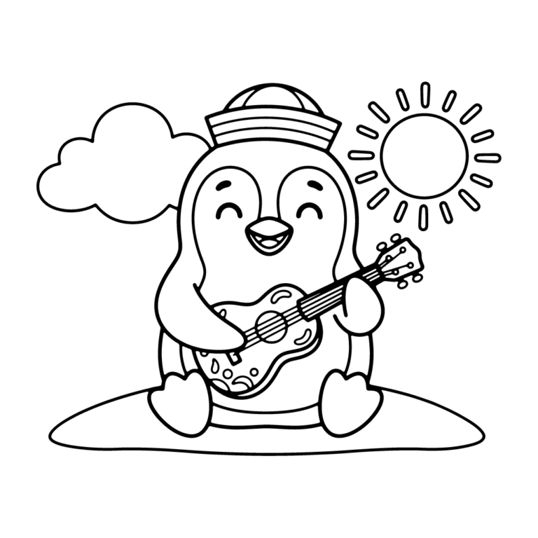 Na obrazku znajduje się uśmiechnięty pingwinek w marynarskiej czapce, który siedzi i gra na małej gitarze.