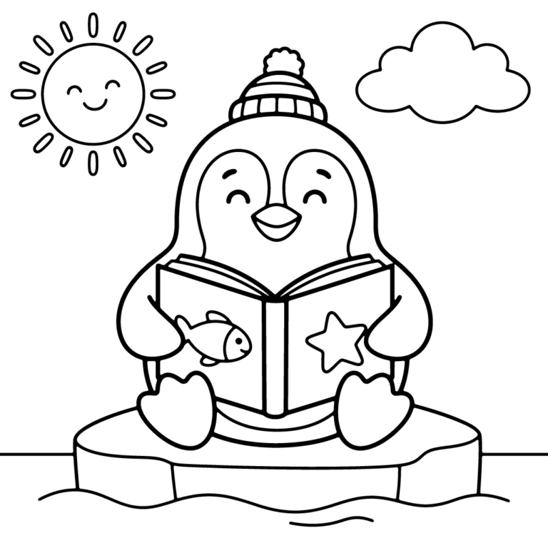 Na obrazku znajduje się uśmiechnięty pingwinek w czapce z pomponem, który siedzi na krze i trzyma otwartą książkę z obrazkami rybki i gwiazdki.