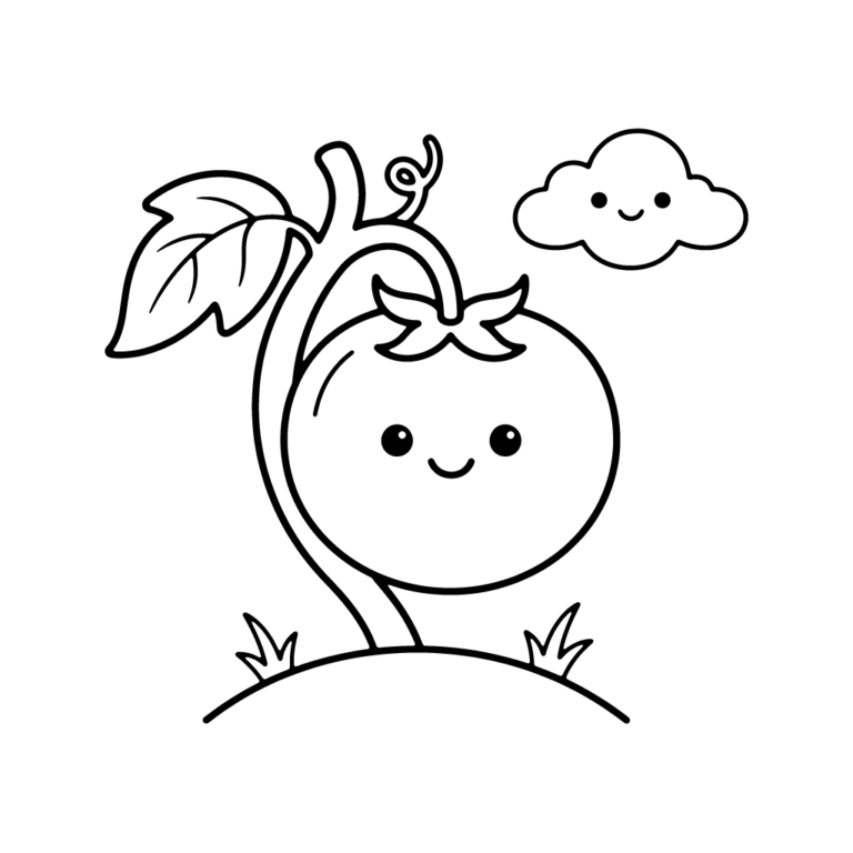 Na obrazku znajduje się uśmiechnięty pomidorek na grządce oraz wisząca obok niego mała, radosna chmurka z oczami i buzią.