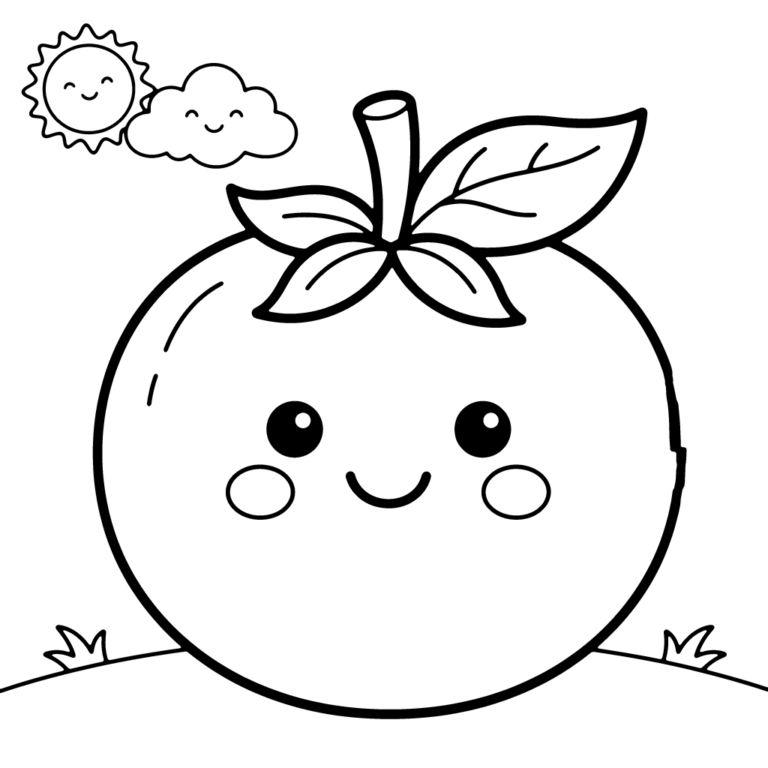 Na obrazku znajduje się uśmiechnięty pomidorek z listkami na łodyżce, stojący na trawie pod uśmiechniętym słoneczkiem i chmurką.