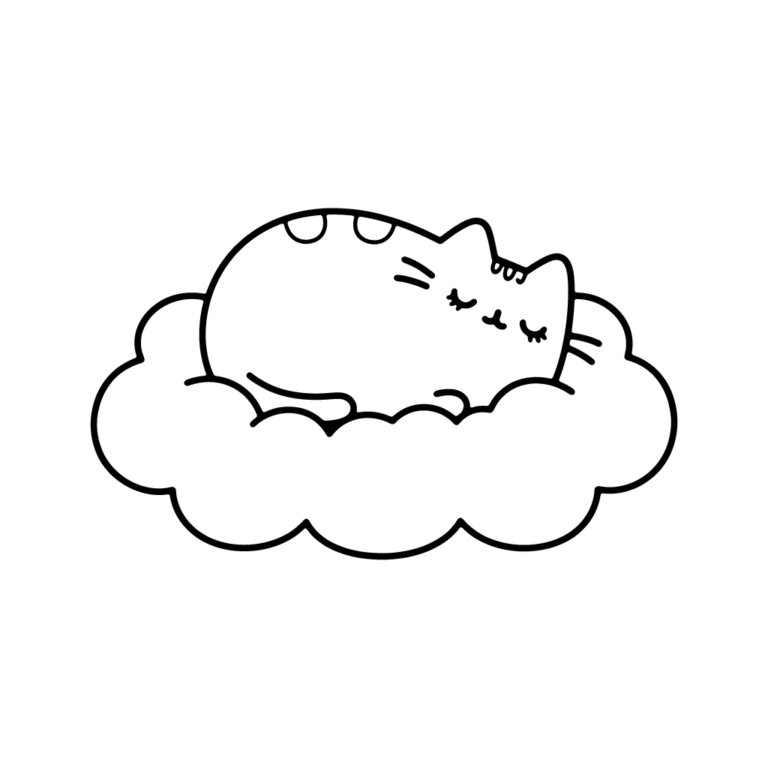 Na obrazku znajduje się uśmiechnięty kotek Pusheen smacznie śpiący na puszystej chmurce.