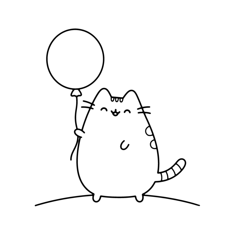 Na obrazku znajduje się radosny kotek Pusheen trzymający w łapce duży, okrągły balon na sznurku.