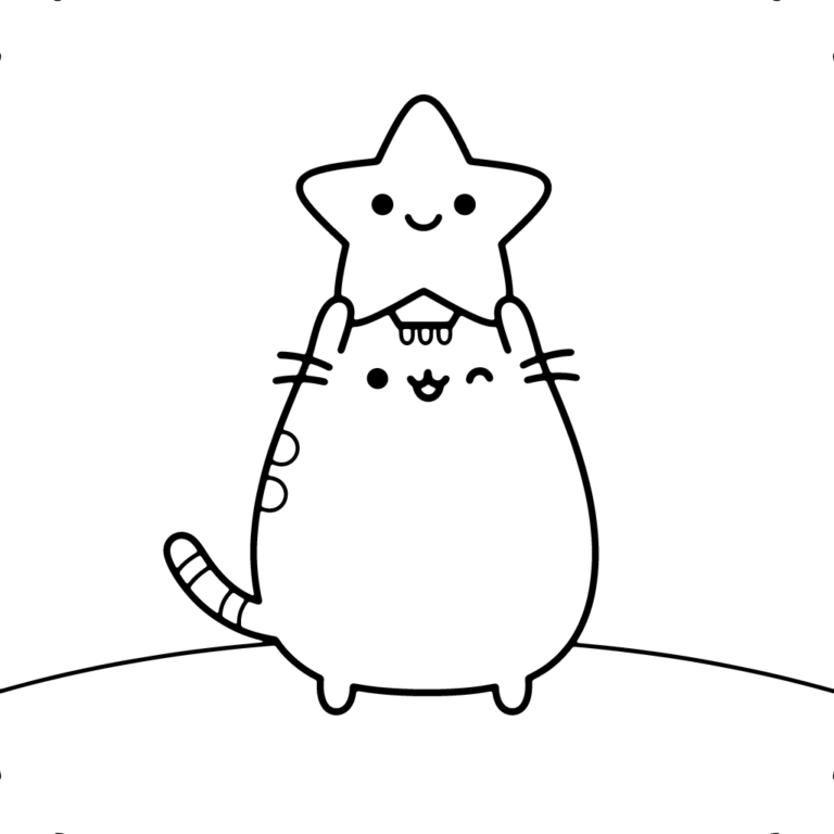Na obrazku znajduje się kotek Pusheen trzymający w łapkach uśmiechniętą gwiazdkę.