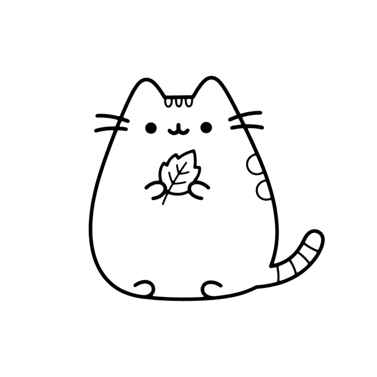 Na obrazku znajduje się uśmiechnięty kotek Pusheen trzymający w łapkach pojedynczy listek.
