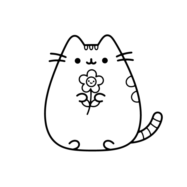 Na obrazku znajduje się uśmiechnięty kotek Pusheen trzymający w łapkach mały, ukwiecony kwiatuszek z buźką.